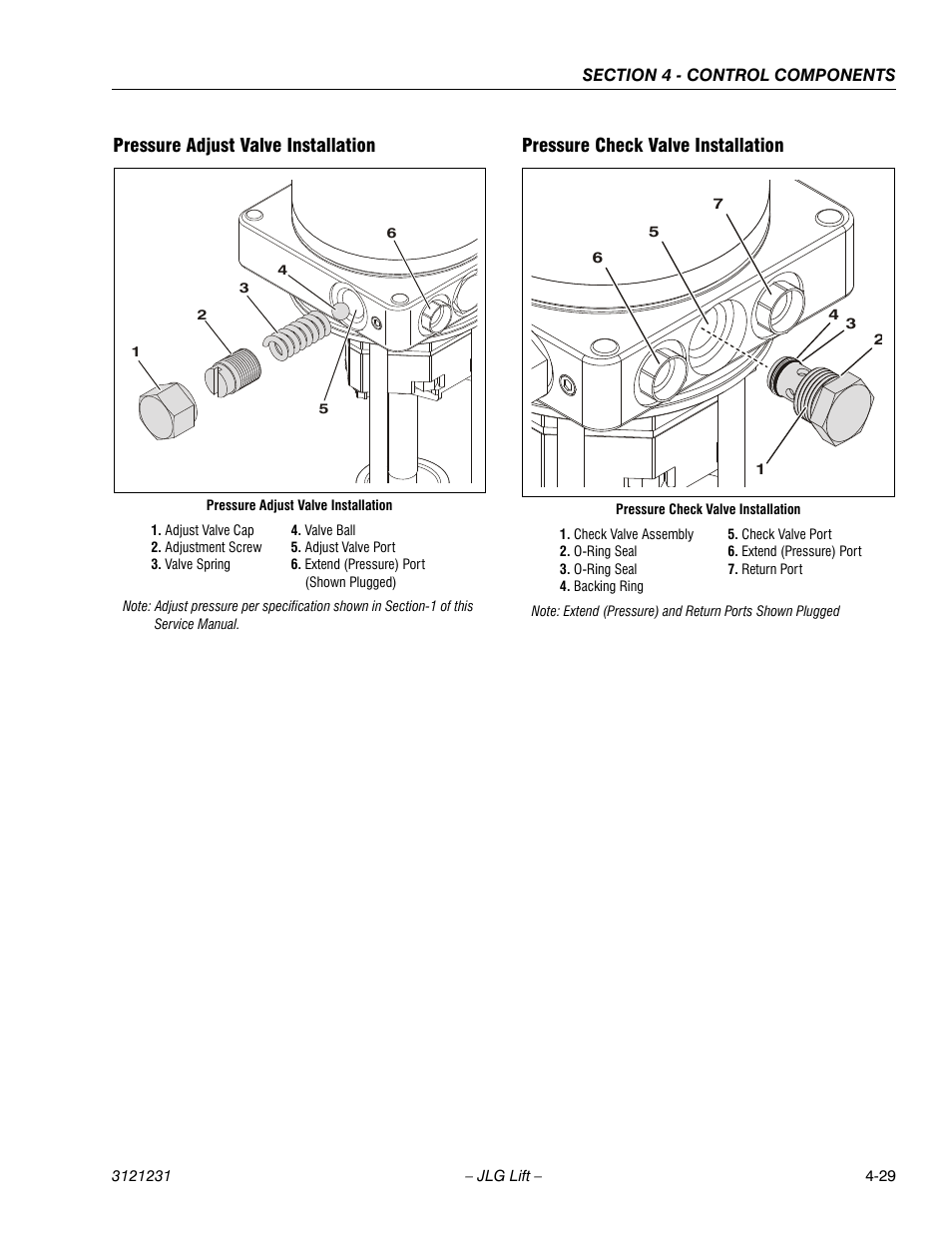 Pressure adjust valve installation, Pressure check valve installation | JLG 15/20MSP Service Manual User Manual | Page 85 / 174