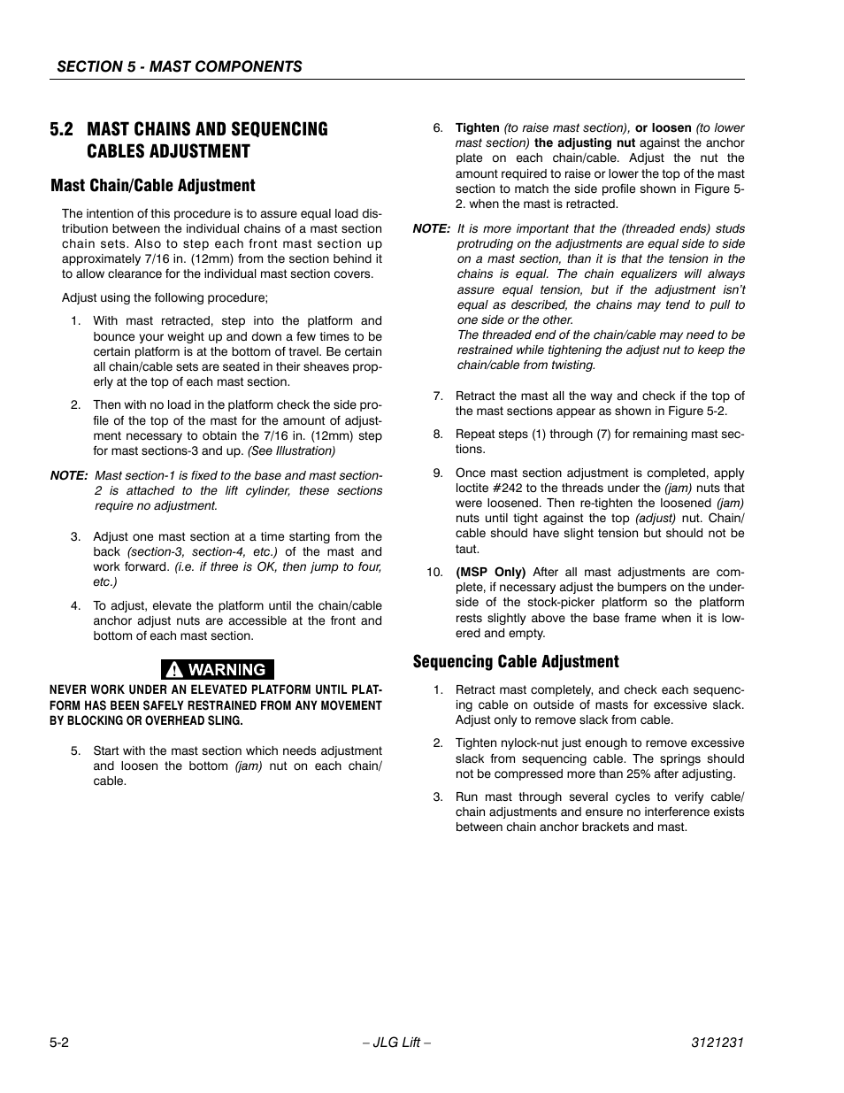 2 mast chains and sequencing cables adjustment, Mast chain/cable adjustment, Sequencing cable adjustment | 2 mast chains and sequencing cables adjustment -2 | JLG 15/20MSP Service Manual User Manual | Page 92 / 174