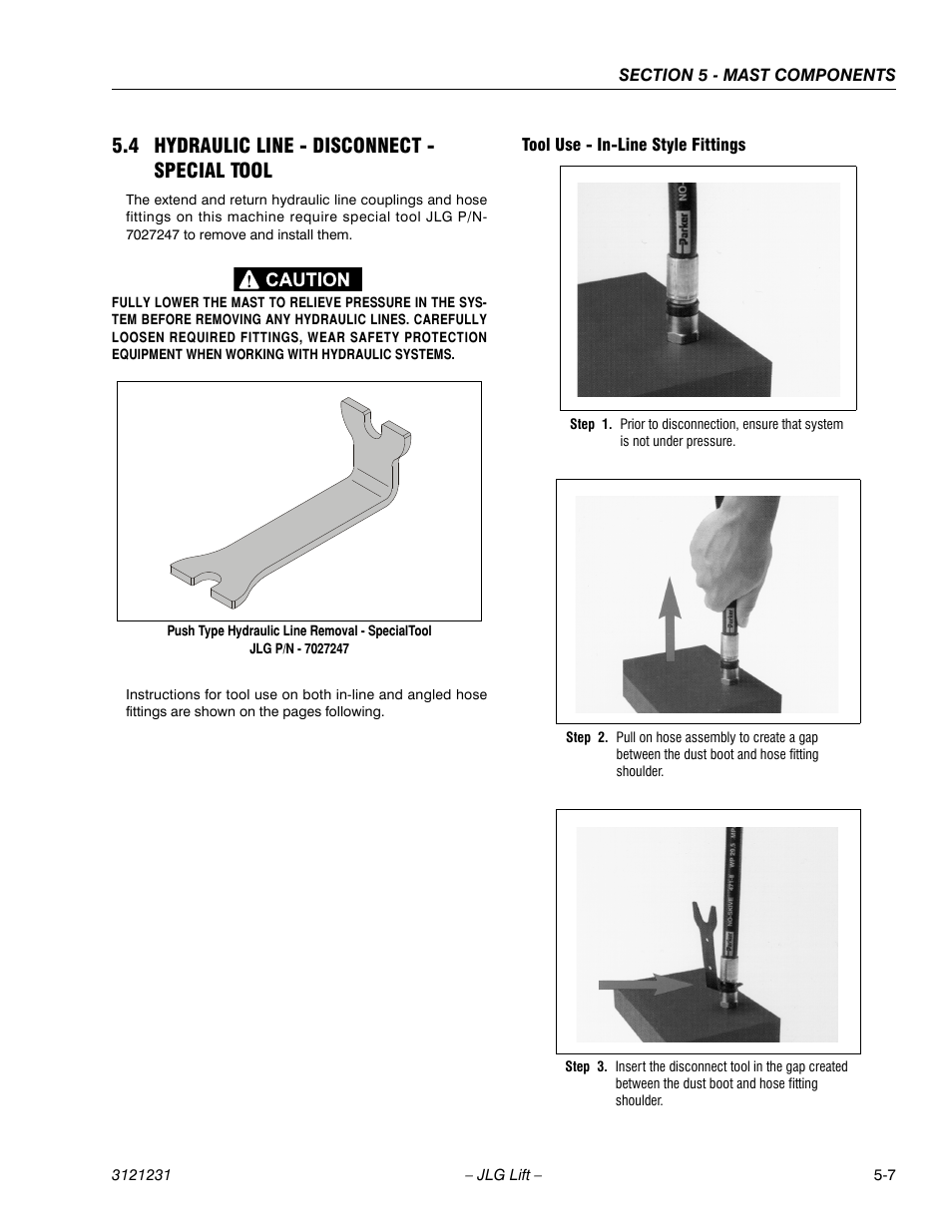 4 hydraulic line - disconnect - special tool, Tool use - in-line style fittings, 4 hydraulic line - disconnect - special tool -7 | Tool use - in-line style fittings -7 | JLG 15/20MSP Service Manual User Manual | Page 97 / 174