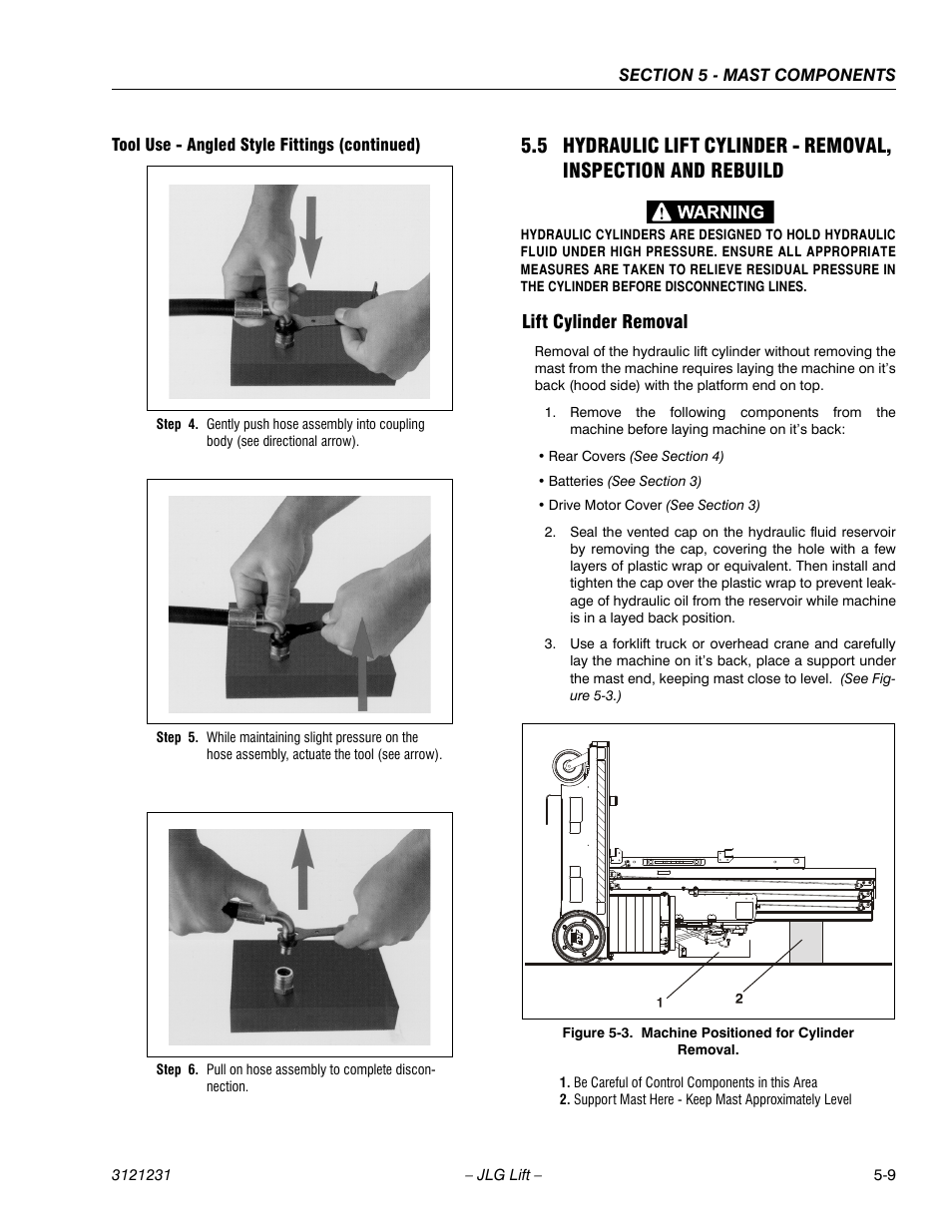 Lift cylinder removal, Lift cylinder removal -9, Machine positioned for cylinder removal -9 | JLG 15/20MSP Service Manual User Manual | Page 99 / 174