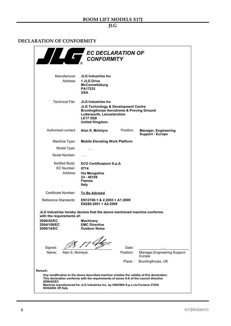 Ec declaration of conformity | JLG X17J Operator Manual User Manual | Page 10 / 172