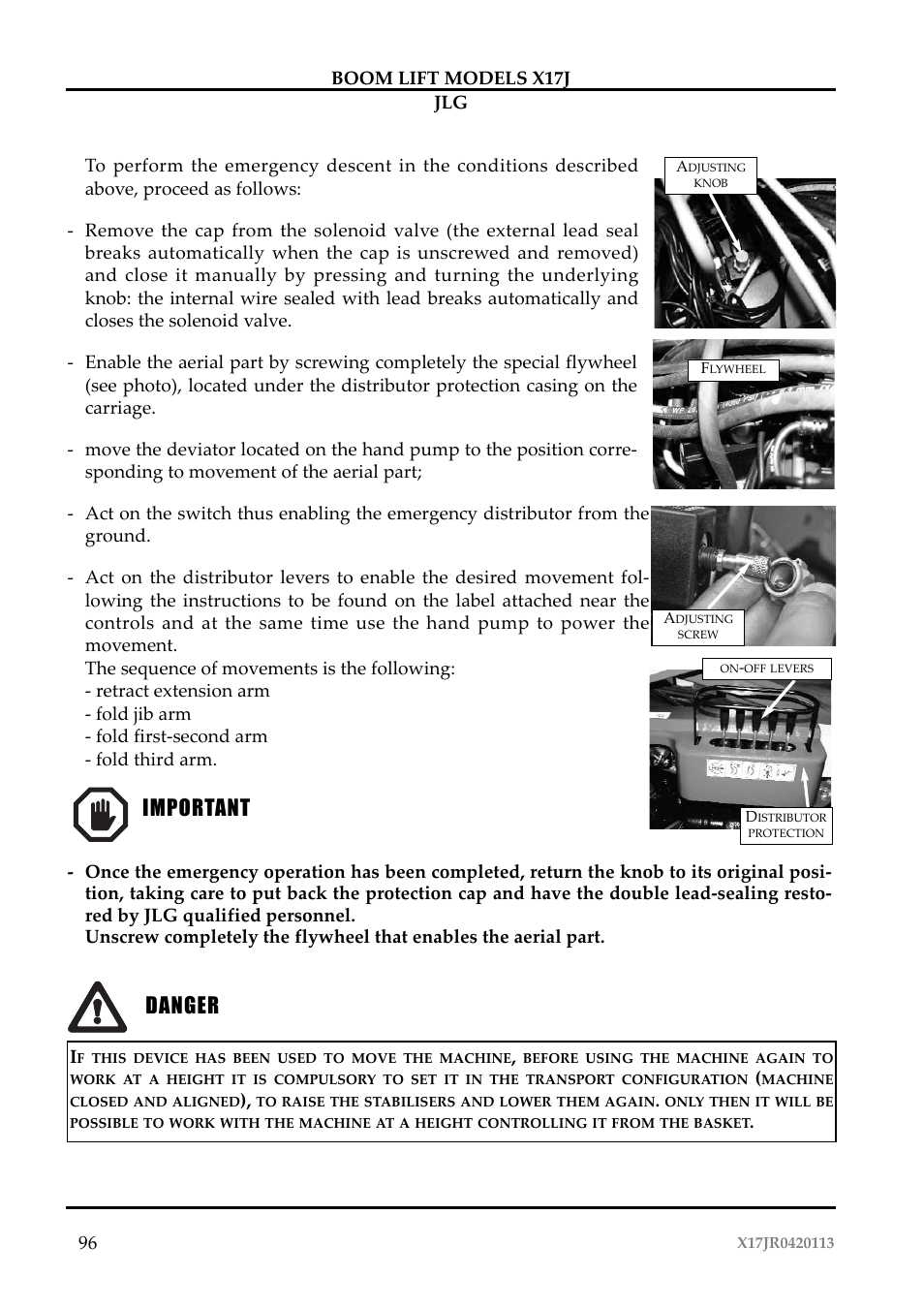 Pericolo, Importante important danger | JLG X17J Operator Manual User Manual | Page 100 / 172