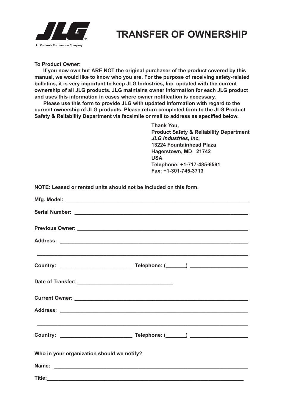 Transfer of ownership | JLG X17J Operator Manual User Manual | Page 171 / 172