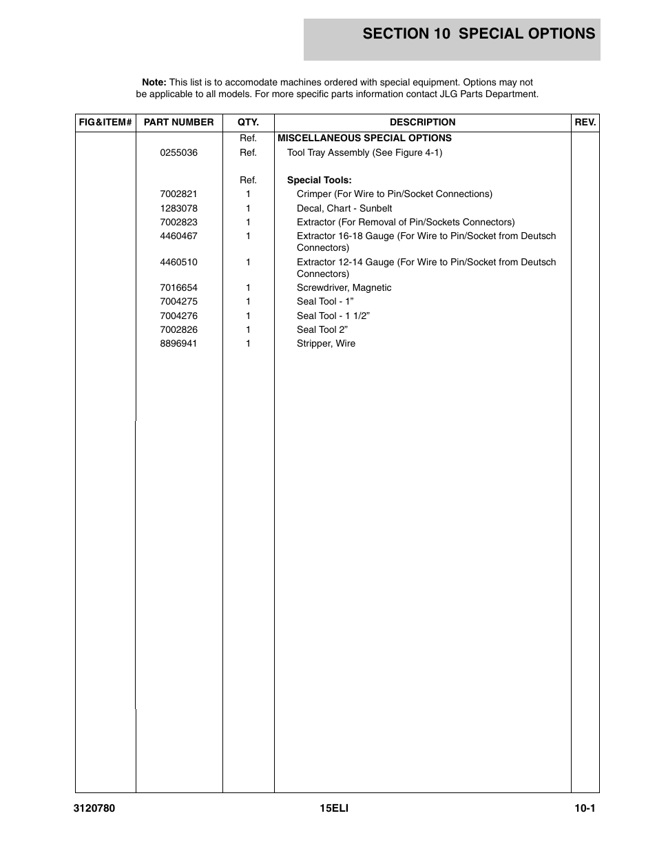 Section 10 special options, Section 10 - special options -1 | JLG 15ELI Parts Manual User Manual | Page 71 / 76