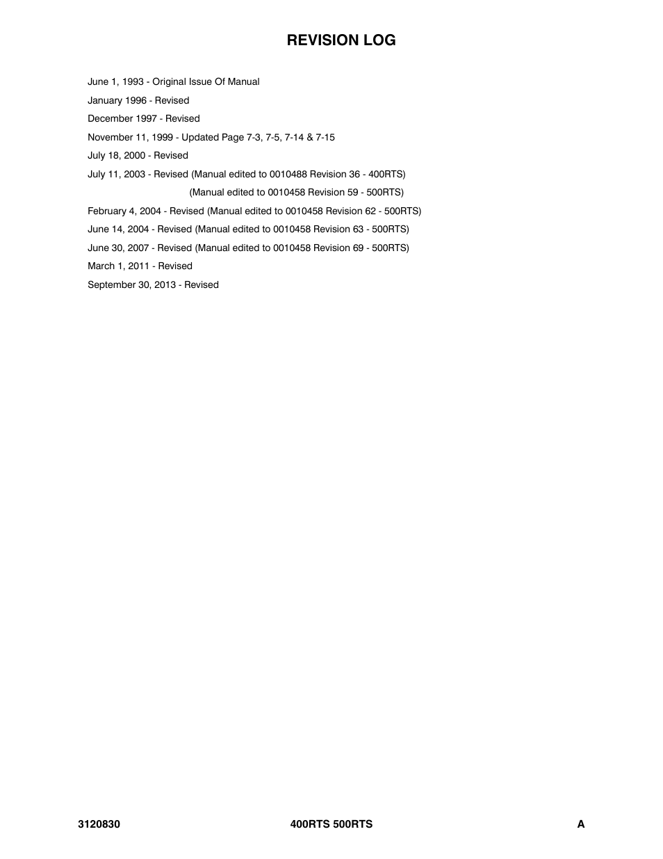 Revision log | JLG 500RTS Parts Manual User Manual | Page 3 / 280