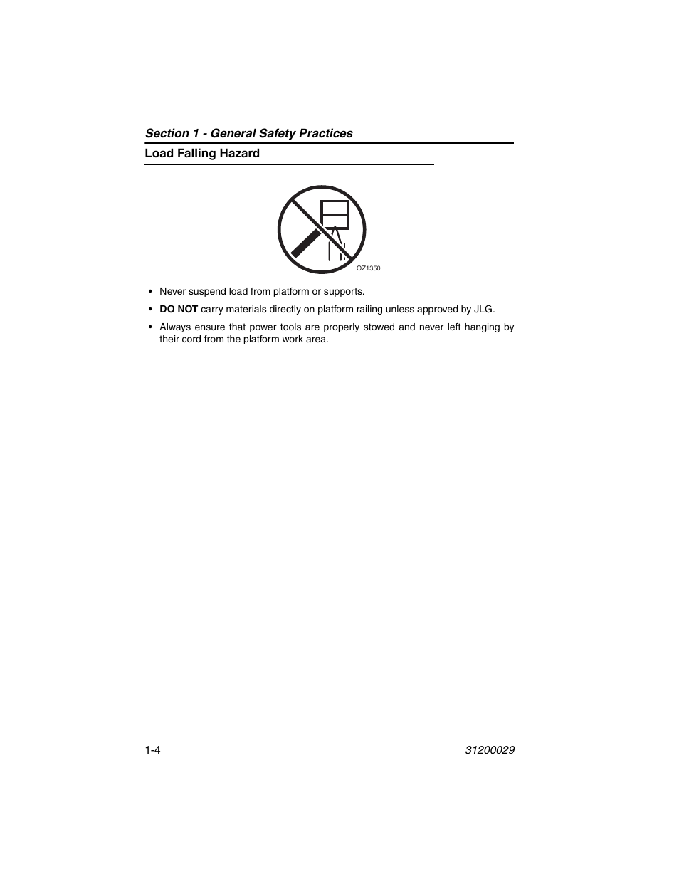 Load falling hazard, Load falling hazard -4 | JLG 4017 Platform Operator Manual User Manual | Page 12 / 64