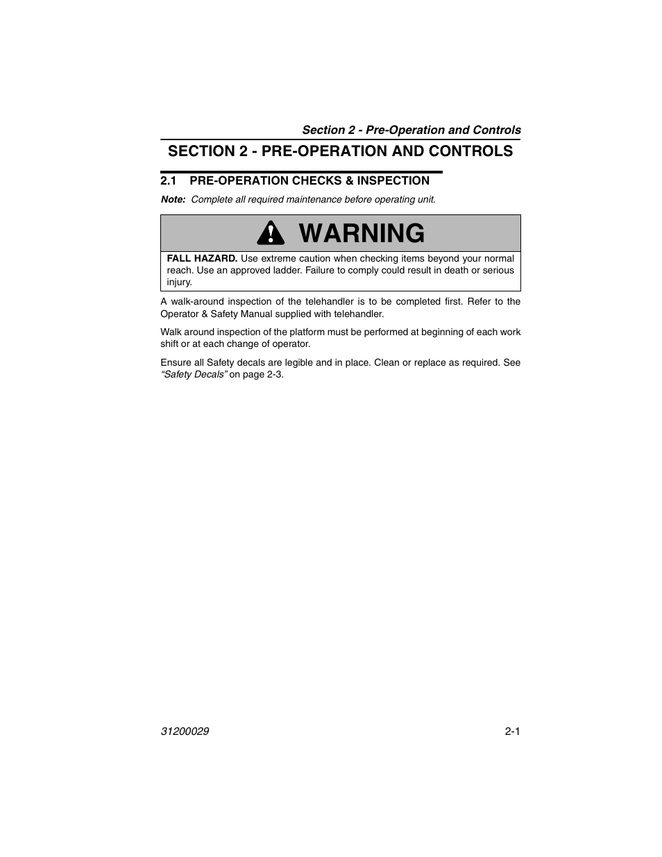 Section 2 - pre-operation and controls, 1 pre-operation checks & inspection, 1 pre-operation checks & inspection -1 | Warning | JLG 4017 Platform Operator Manual User Manual | Page 19 / 64