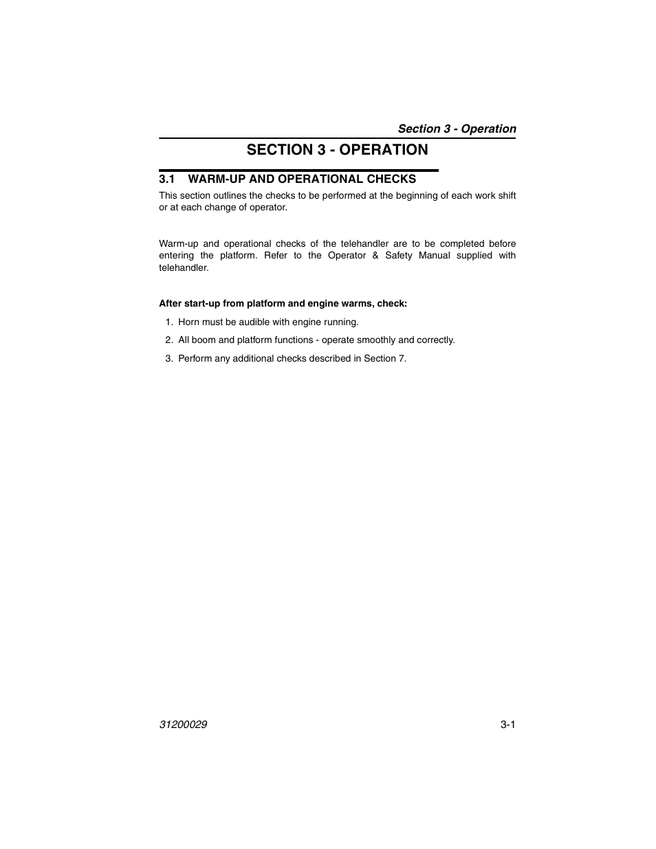 Section 3 - operation, 1 warm-up and operational checks, 1 warm-up and operational checks -1 | JLG 4017 Platform Operator Manual User Manual | Page 33 / 64
