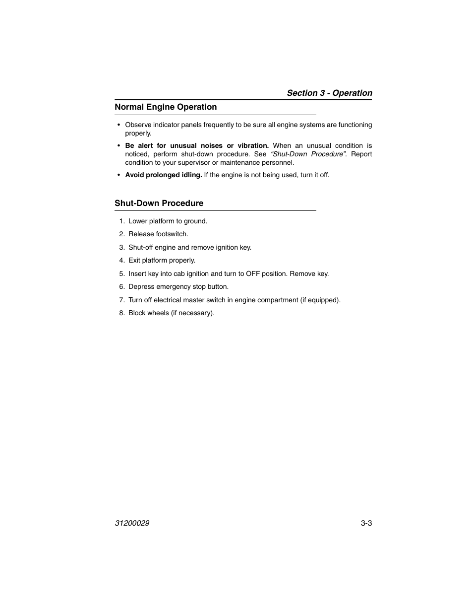 Normal engine operation, Shut-down procedure, Normal engine operation -3 shut-down procedure -3 | JLG 4017 Platform Operator Manual User Manual | Page 35 / 64