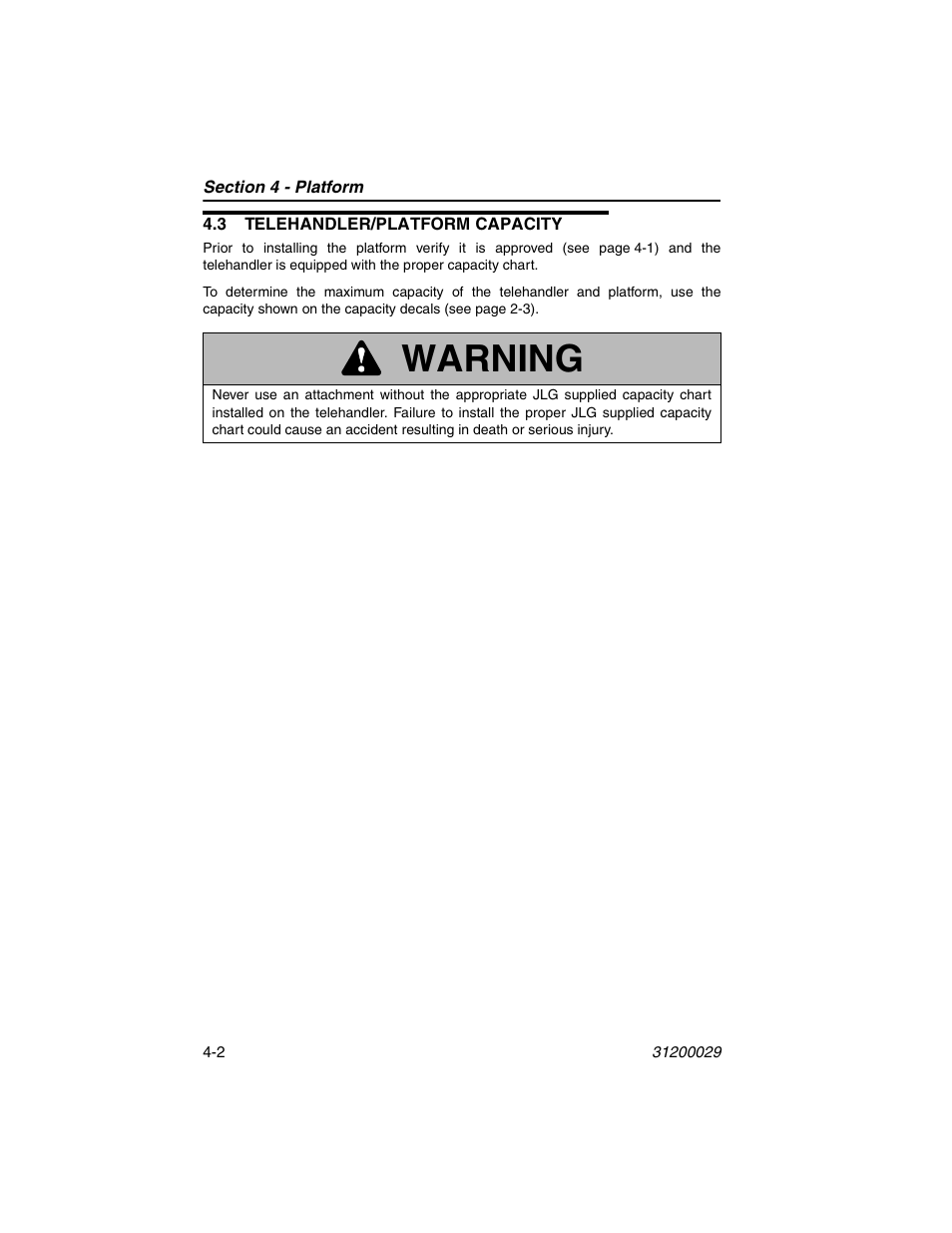 3 telehandler/platform capacity, 3 telehandler/platform capacity -2, Warning | JLG 4017 Platform Operator Manual User Manual | Page 40 / 64