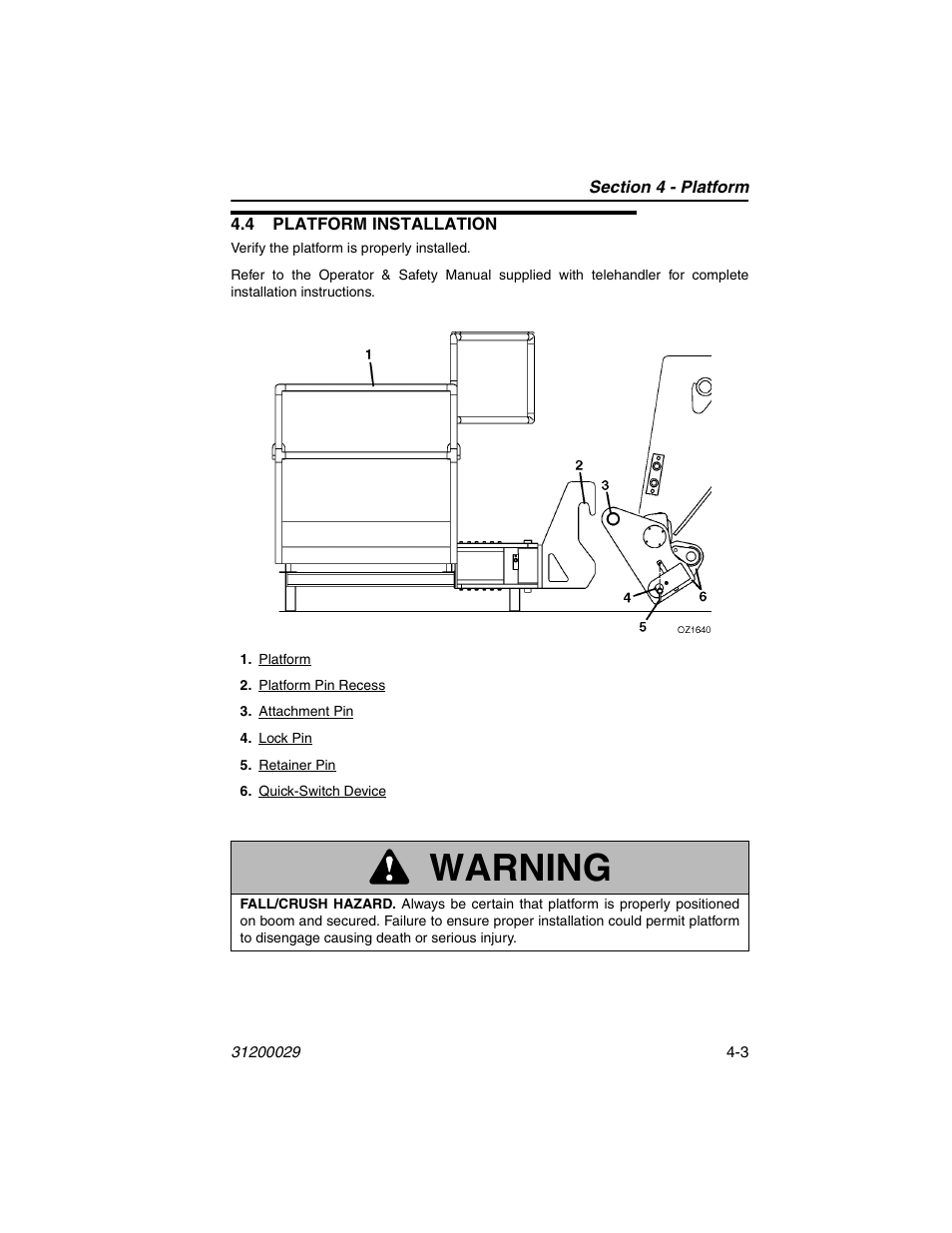 4 platform installation, 4 platform installation -3, Warning | JLG 4017 Platform Operator Manual User Manual | Page 41 / 64
