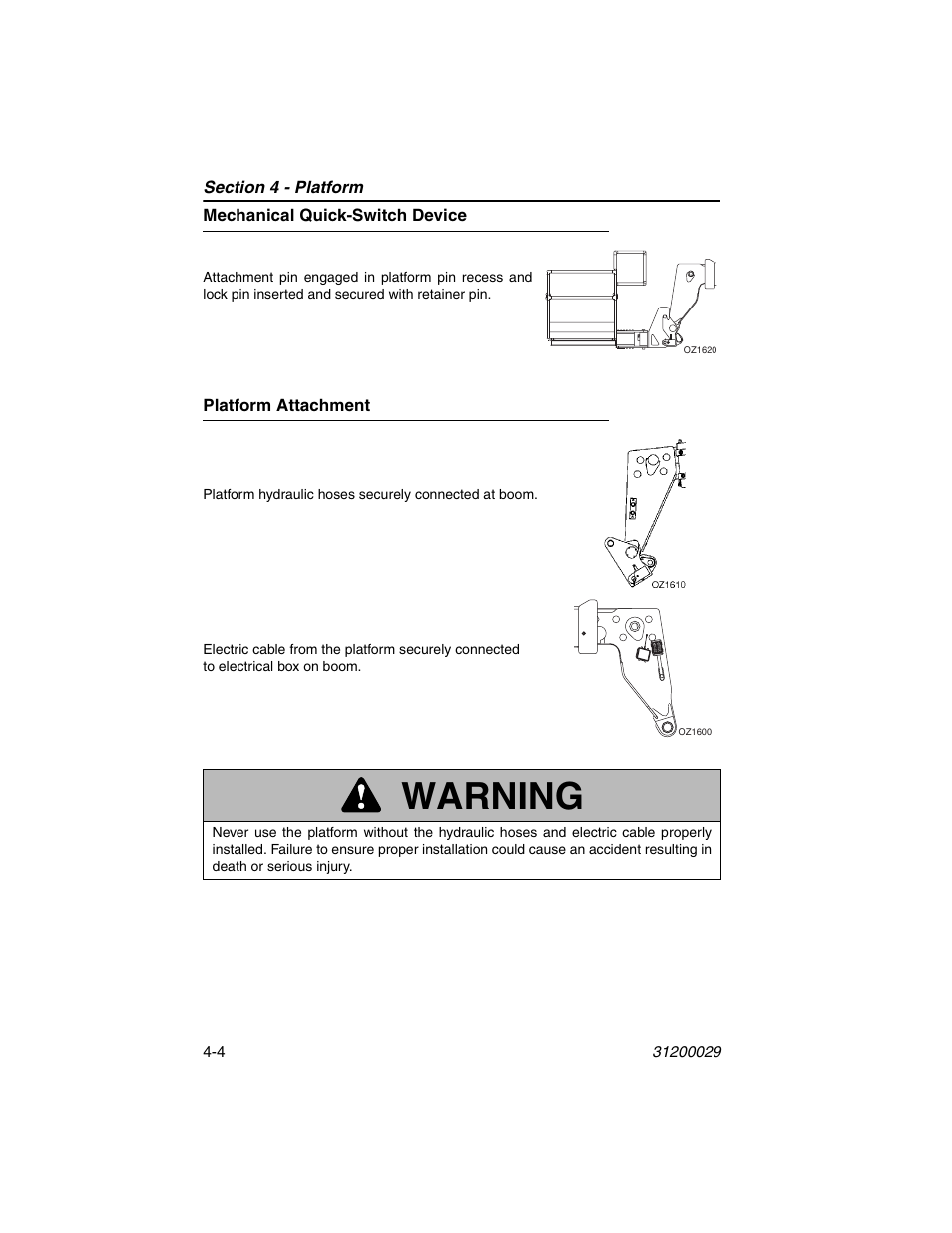 Mechanical quick-switch device, Platform attachment, Warning | JLG 4017 Platform Operator Manual User Manual | Page 42 / 64