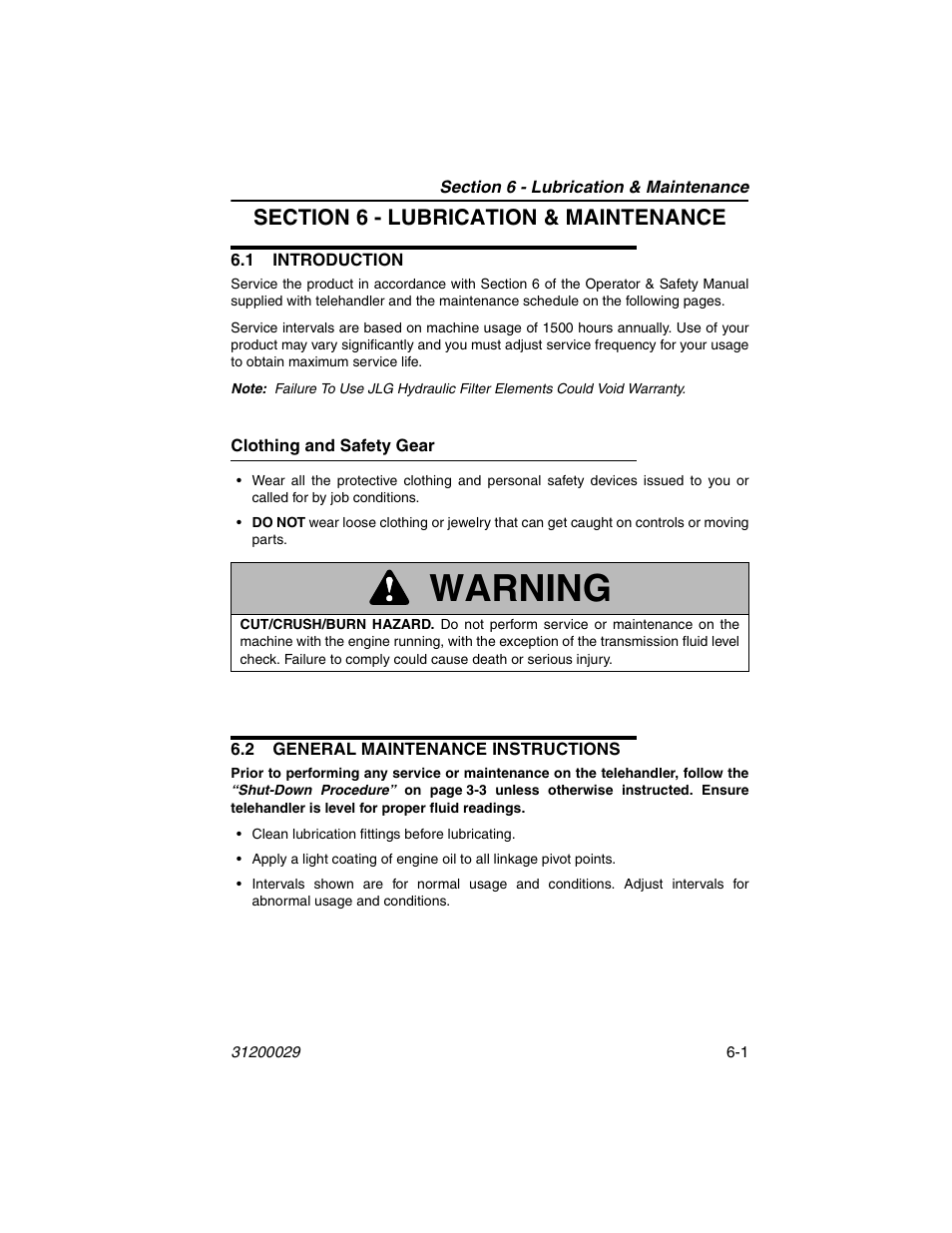 Section 6 - lubrication & maintenance, 1 introduction, Clothing and safety gear | 2 general maintenance instructions, 1 introduction -1, Clothing and safety gear -1, 2 general maintenance instructions -1, Warning | JLG 4017 Platform Operator Manual User Manual | Page 47 / 64