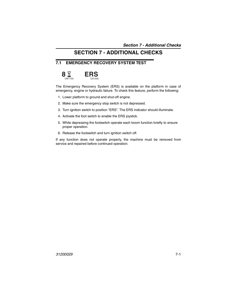 Section 7 - additional checks, 1 emergency recovery system test, 1 emergency recovery system test -1 | JLG 4017 Platform Operator Manual User Manual | Page 53 / 64