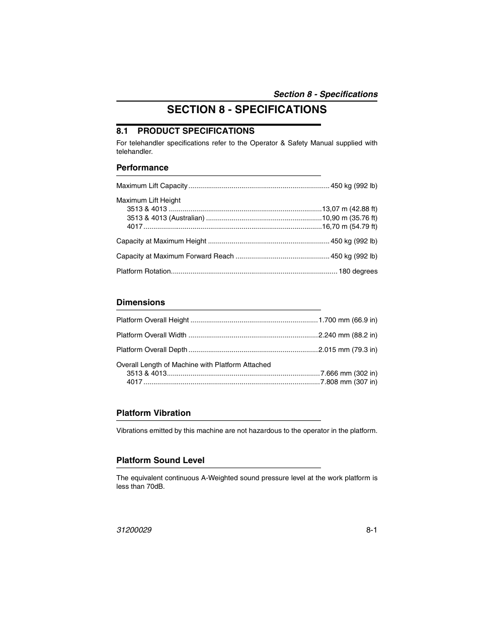 Section 8 - specifications, 1 product specifications, Performance | Dimensions, Platform vibration, Platform sound level, 1 product specifications -1 | JLG 4017 Platform Operator Manual User Manual | Page 55 / 64