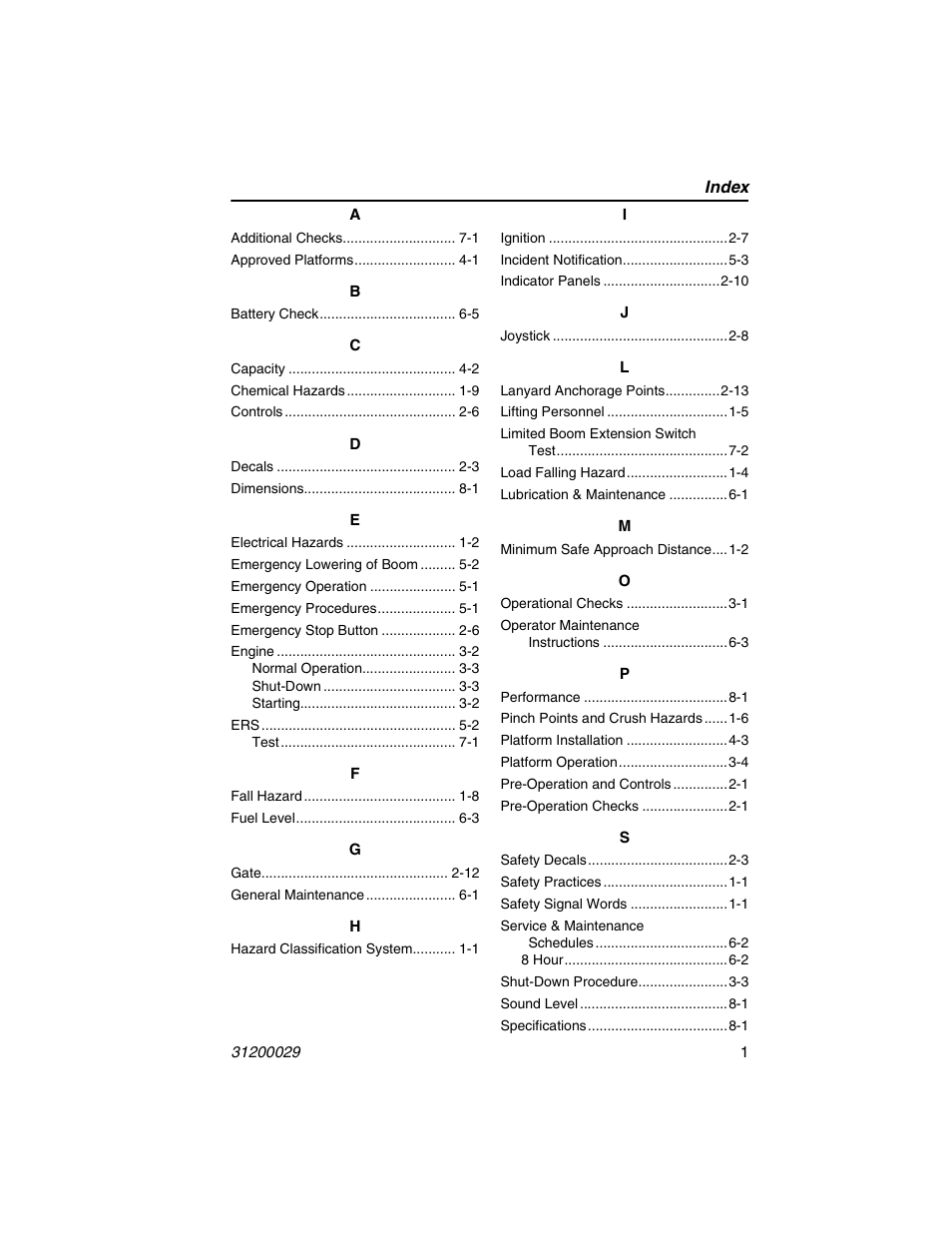 Index | JLG 4017 Platform Operator Manual User Manual | Page 57 / 64