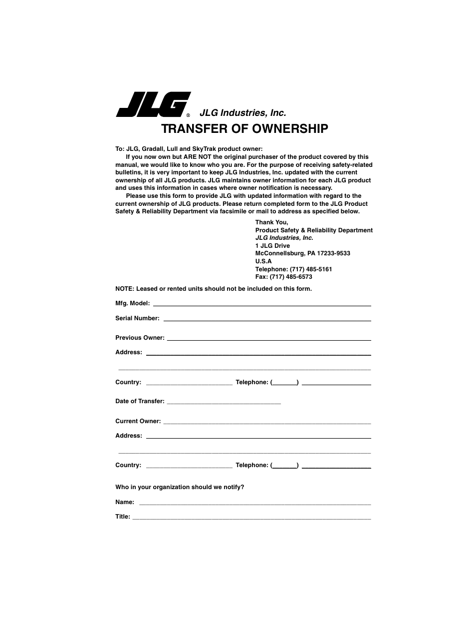 Transfer of ownership, Jlg industries, inc | JLG 4017 Platform Operator Manual User Manual | Page 61 / 64