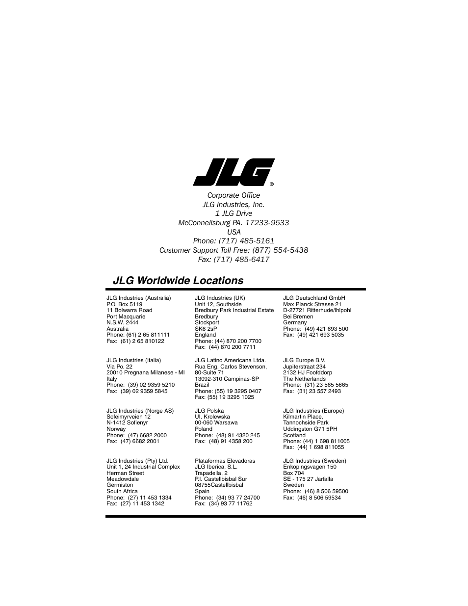 Jlg worldwide locations | JLG 4017 Platform Operator Manual User Manual | Page 64 / 64