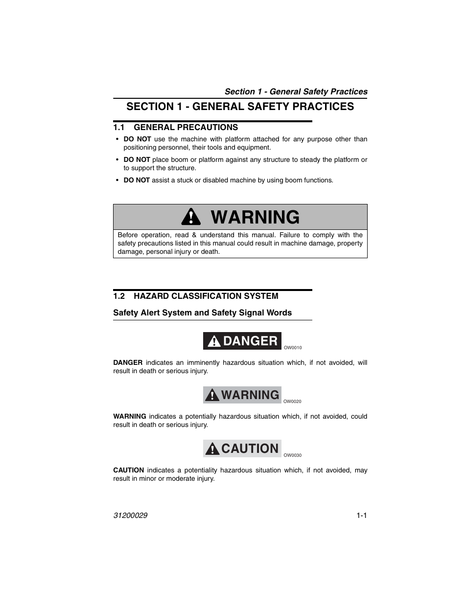 Section 1 - general safety practices, 1 general precautions, 2 hazard classification system | Safety alert system and safety signal words, Safety alert system and safety signal words -1, Warning, Danger, Caution | JLG 4017 Platform Operator Manual User Manual | Page 9 / 64