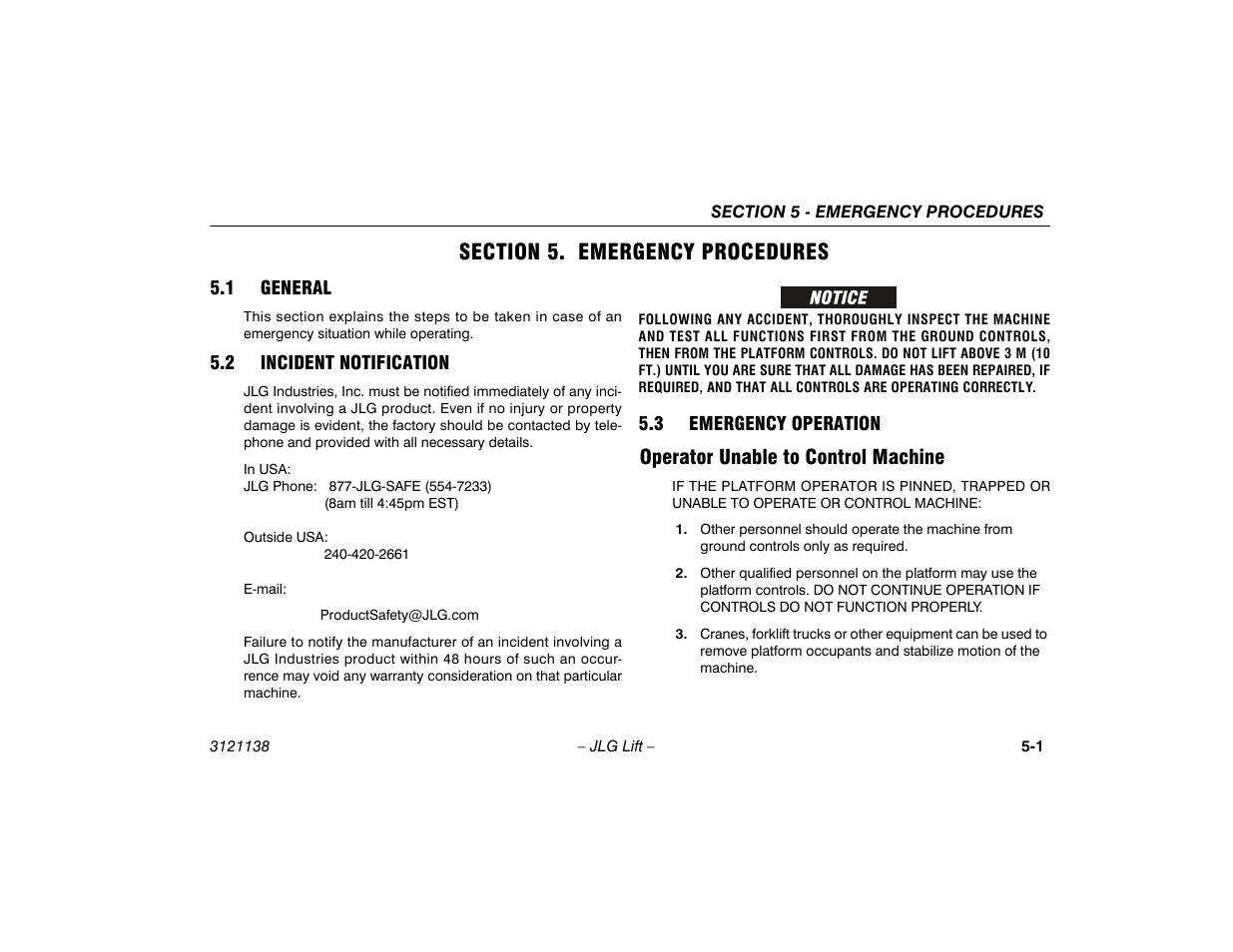 Section 5. emergency procedures, 1 general, 2 incident notification | 3 emergency operation, Operator unable to control machine, Section - 5 - emergency procedures, Operator unable to control machine -1 | JLG 860SJ Operator Manual User Manual | Page 111 / 158