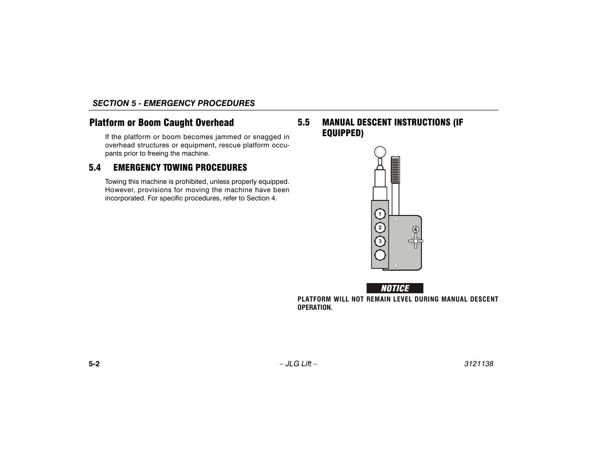 Platform or boom caught overhead, 4 emergency towing procedures, 5 manual descent instructions (if equipped) | Platform or boom caught overhead -2, If equipped) -2 | JLG 860SJ Operator Manual User Manual | Page 112 / 158