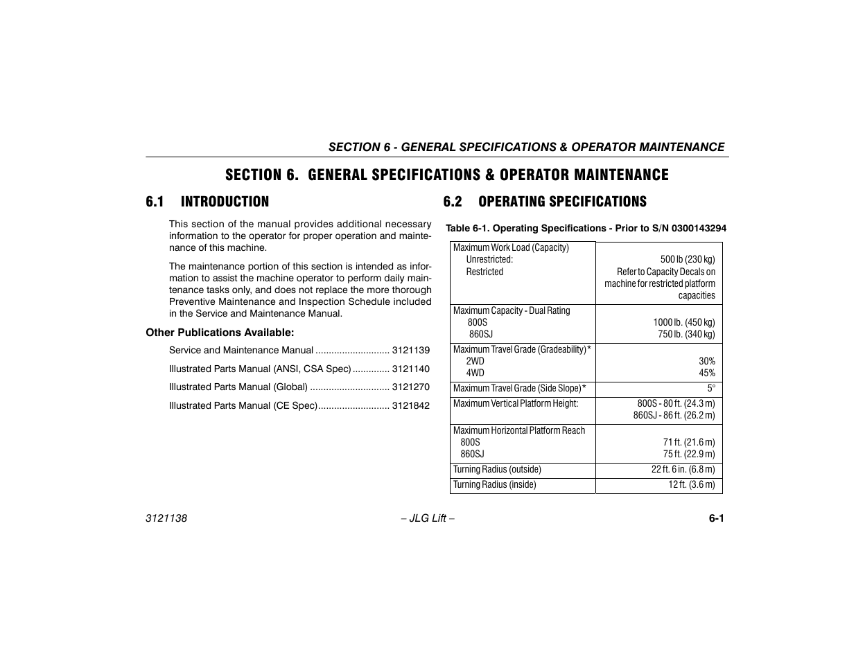 1 introduction, 2 operating specifications, 1 introduction -1 6.2 operating specifications -1 | JLG 860SJ Operator Manual User Manual | Page 115 / 158