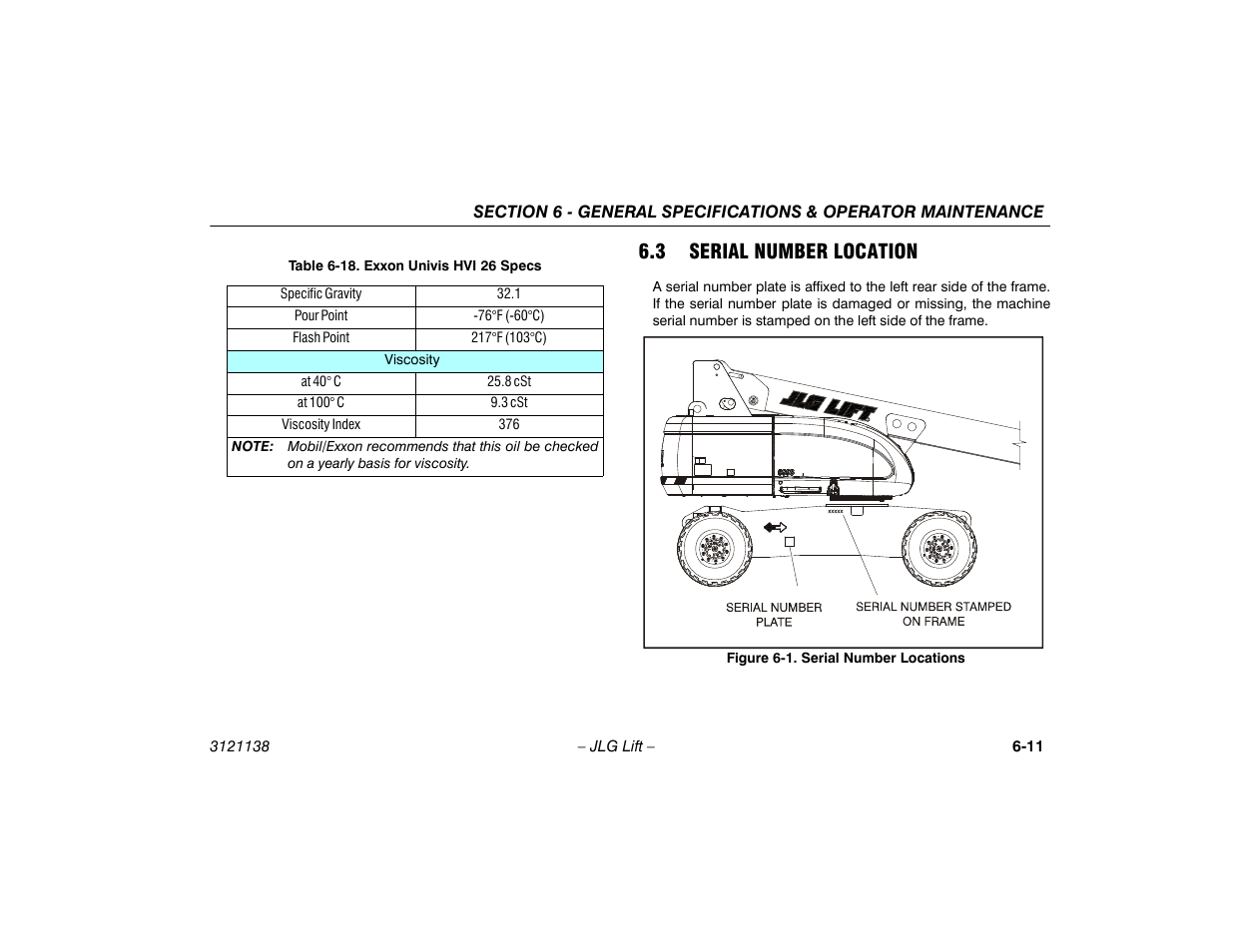 3 serial number location, 3 serial number location -11, Serial number locations -11 | 18 exxon univis hvi 26 specs -11 | JLG 860SJ Operator Manual User Manual | Page 125 / 158