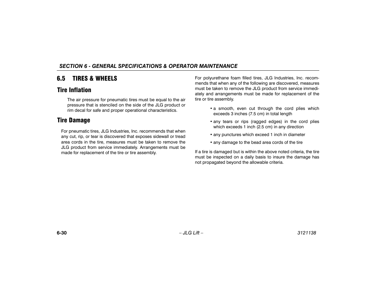 5 tires & wheels, Tire inflation, Tire damage | 5 tires & wheels -30, Tire inflation -30 tire damage -30, 5 tires & wheels tire inflation | JLG 860SJ Operator Manual User Manual | Page 144 / 158