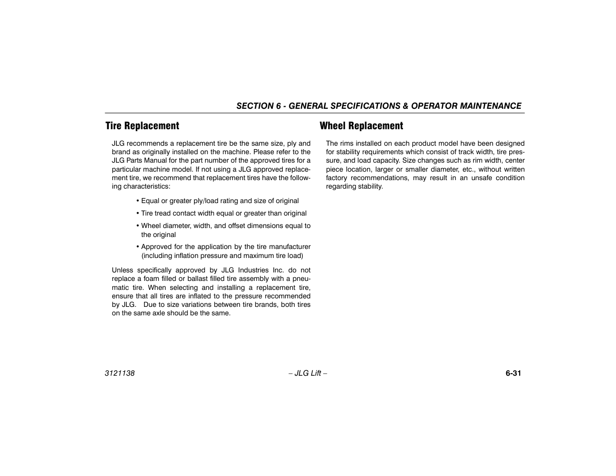 Tire replacement, Wheel replacement, Tire replacement -31 wheel replacement -31 | JLG 860SJ Operator Manual User Manual | Page 145 / 158