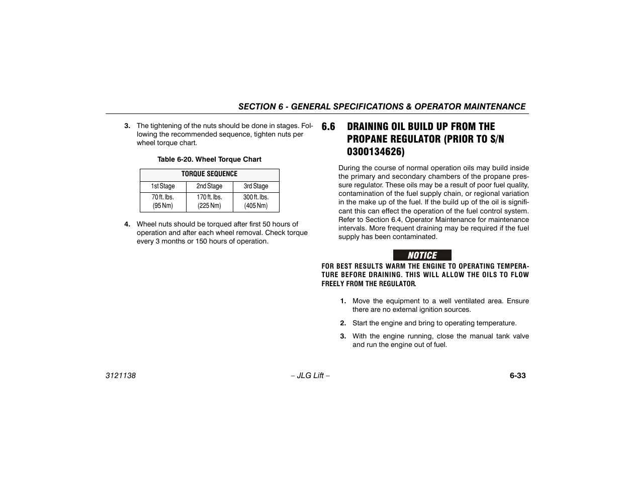 6 draining oil build up from the propane, Regulator (prior to s/n 0300134626) -33, 20 wheel torque chart -33 | JLG 860SJ Operator Manual User Manual | Page 147 / 158