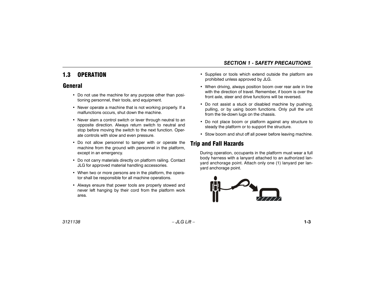 3 operation, General, Trip and fall hazards | 3 operation -3, General -3 trip and fall hazards -3, 3 operation general | JLG 860SJ Operator Manual User Manual | Page 15 / 158