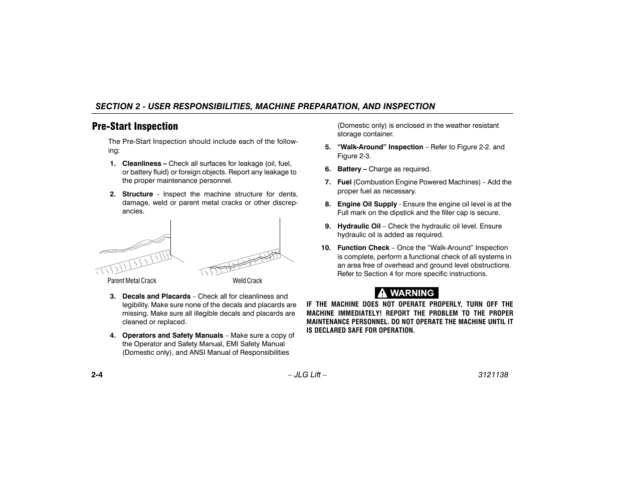 Pre-start inspection, Pre-start inspection -4 | JLG 860SJ Operator Manual User Manual | Page 26 / 158