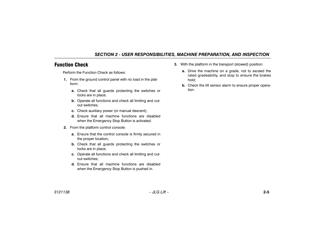 Function check, Function check -5 | JLG 860SJ Operator Manual User Manual | Page 27 / 158