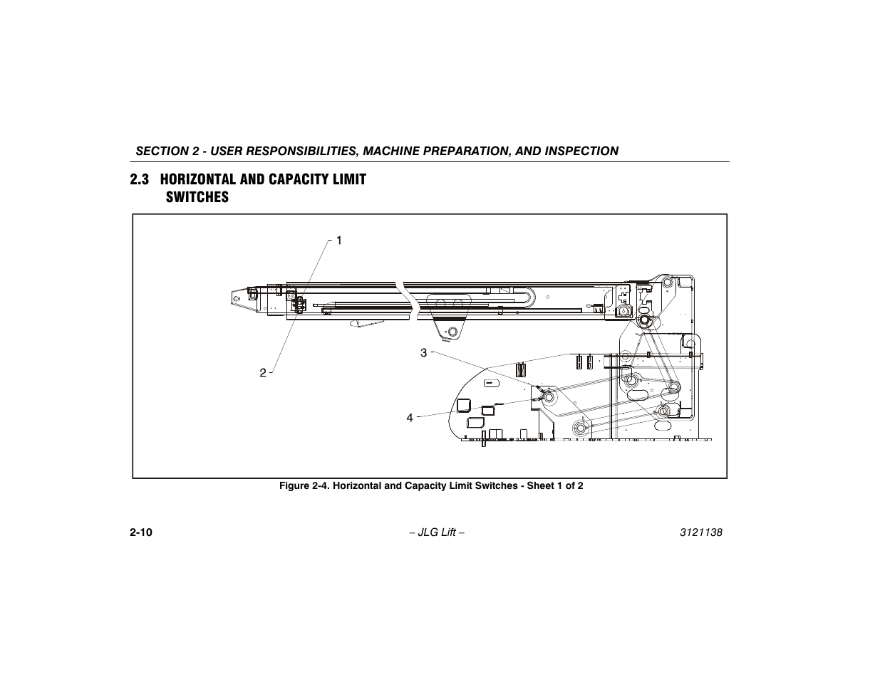 3 horizontal and capacity limit switches, 3 horizontal and capacity limit switches 2-10, Horizontal and capacity limit switches | Sheet 1 of 2 -10 | JLG 860SJ Operator Manual User Manual | Page 32 / 158