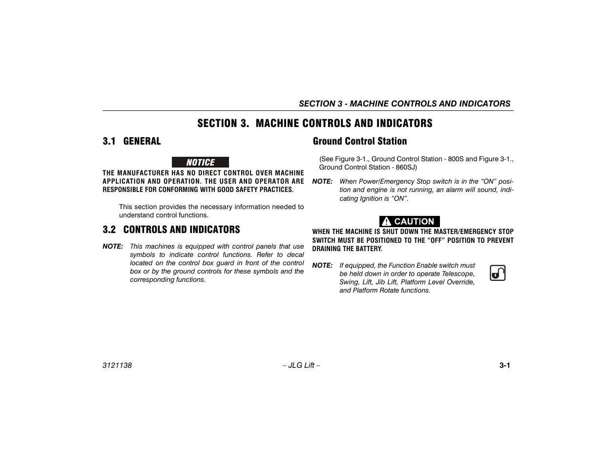 Section 3. machine controls and indicators, 1 general, 2 controls and indicators | Ground control station, Section - 3 - machine controls and indicators, 1 general -1 3.2 controls and indicators -1, Ground control station -1 | JLG 860SJ Operator Manual User Manual | Page 39 / 158