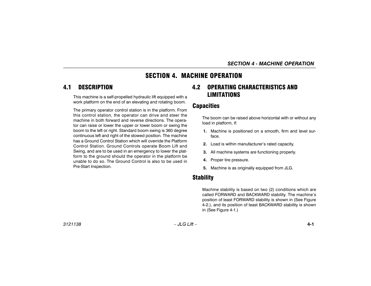 Section 4. machine operation, 1 description, 2 operating characteristics and limitations | Capacities, Stability, Section - 4 - machine operation, 1 description -1 4.2 operating characteristics and, Limitations -1, Capacities -1 stability -1 | JLG 860SJ Operator Manual User Manual | Page 59 / 158