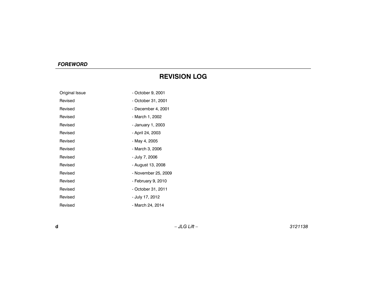 Revision log | JLG 860SJ Operator Manual User Manual | Page 6 / 158