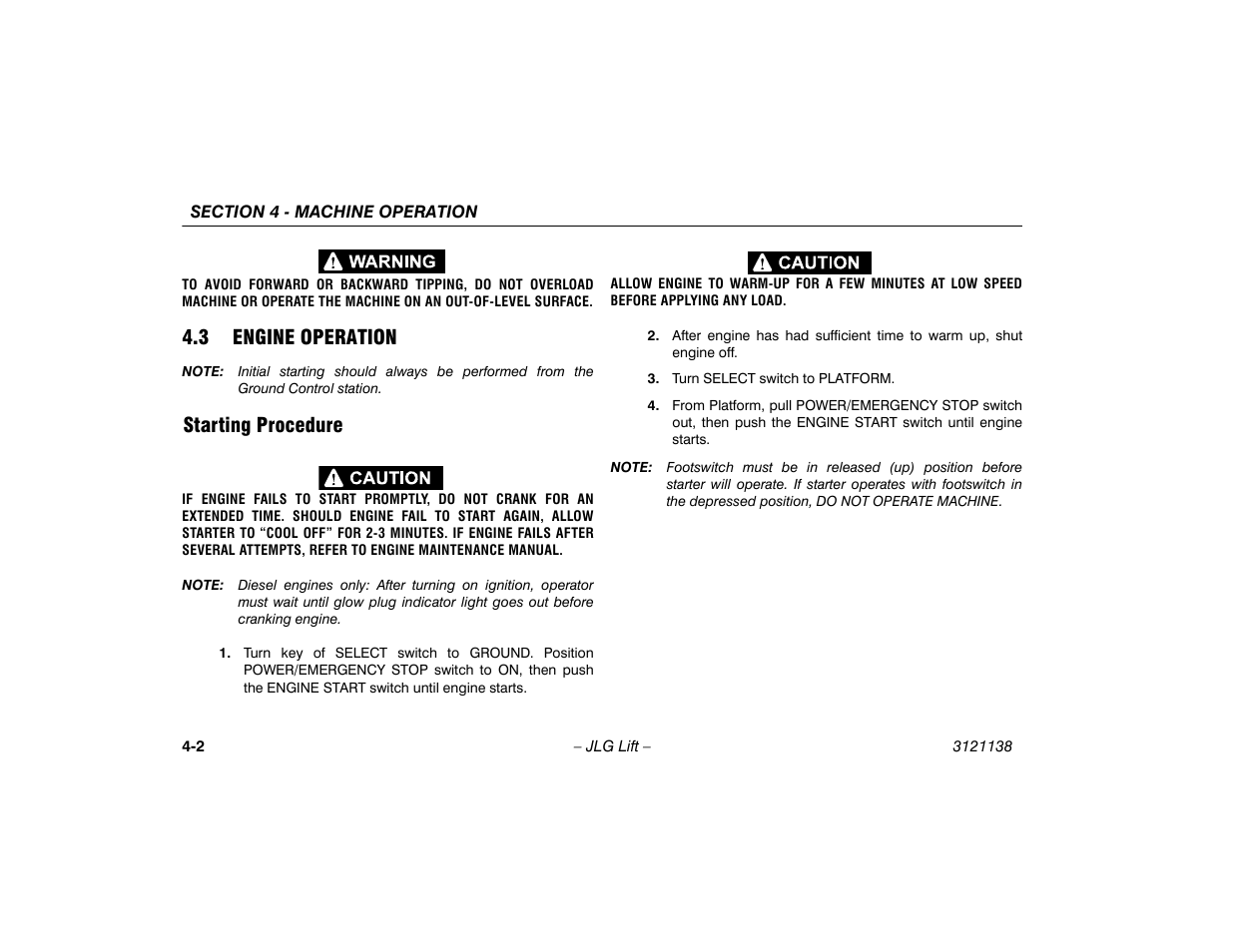 3 engine operation, Starting procedure, 3 engine operation -2 | Starting procedure -2 | JLG 860SJ Operator Manual User Manual | Page 60 / 158