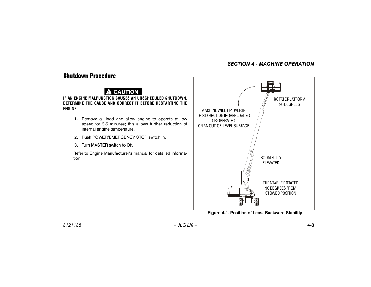 Shutdown procedure, Shutdown procedure -3, Position of least backward stability -3 | JLG 860SJ Operator Manual User Manual | Page 61 / 158