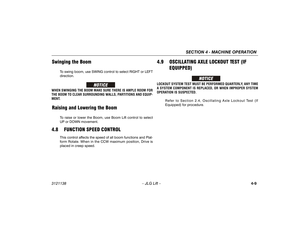 Swinging the boom, Raising and lowering the boom, 8 function speed control | 9 oscillating axle lockout test (if equipped), If equipped) -9 | JLG 860SJ Operator Manual User Manual | Page 67 / 158