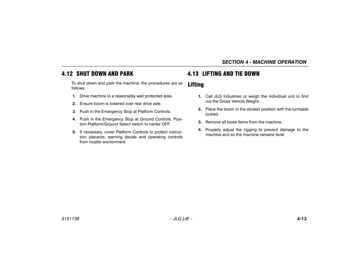 12 shut down and park, 13 lifting and tie down, Lifting | Lifting -13, 13 lifting and tie down lifting | JLG 860SJ Operator Manual User Manual | Page 71 / 158