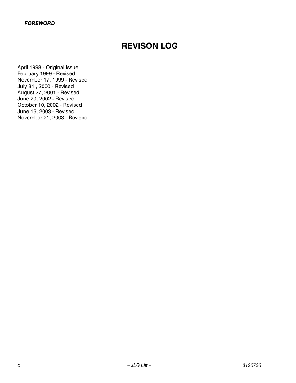 Revison log | JLG 3246E2 ANSI Operator Manual User Manual | Page 6 / 66