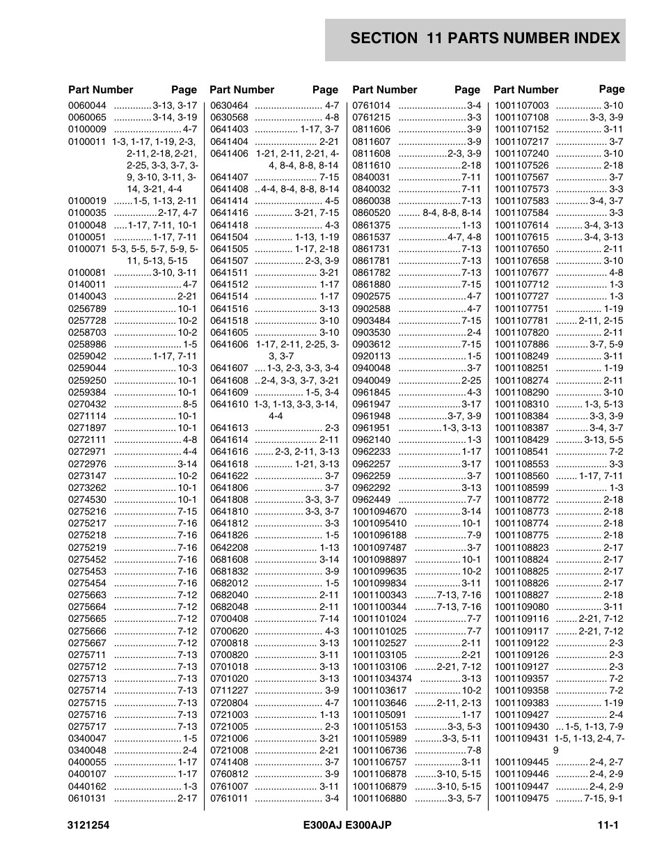 Section 11 parts number index, 11 - parts number index -1 | JLG E300 Parts Manual User Manual | Page 155 / 162