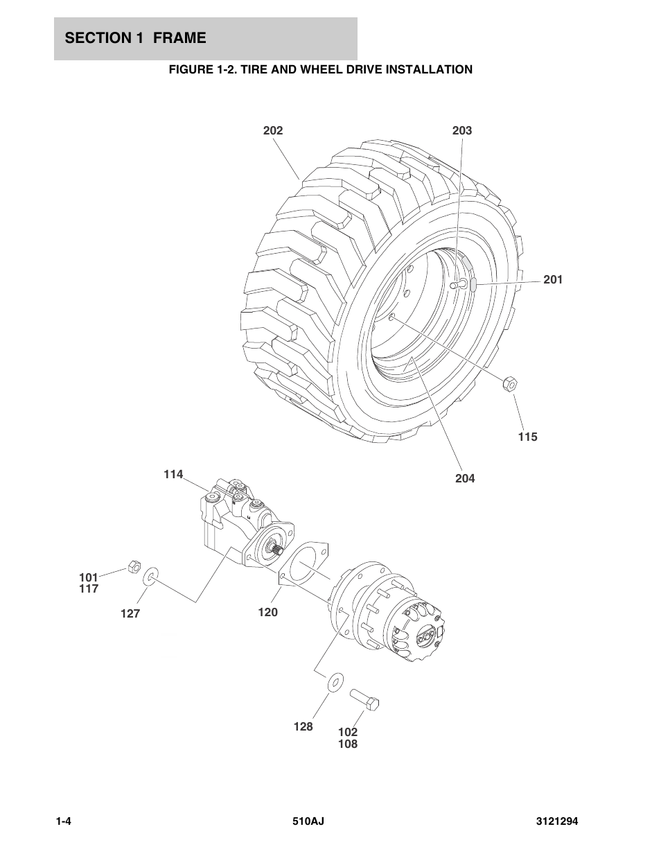 Figure 1-2. tire and wheel drive installation | JLG 510AJ Parts Manual User Manual | Page 10 / 184