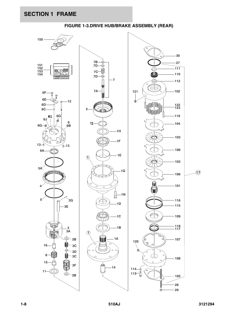 Figure 1-3. drive hub/brake assembly (rear), Drive hub/brake assembly (rear) -8, Figure 1-3.drive hub/brake assembly (rear) | JLG 510AJ Parts Manual User Manual | Page 14 / 184