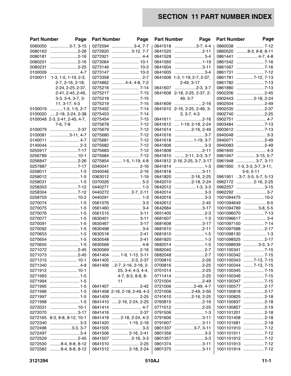 Section 11 part number index, 11 - part number index -1 | JLG 510AJ Parts Manual User Manual | Page 175 / 184