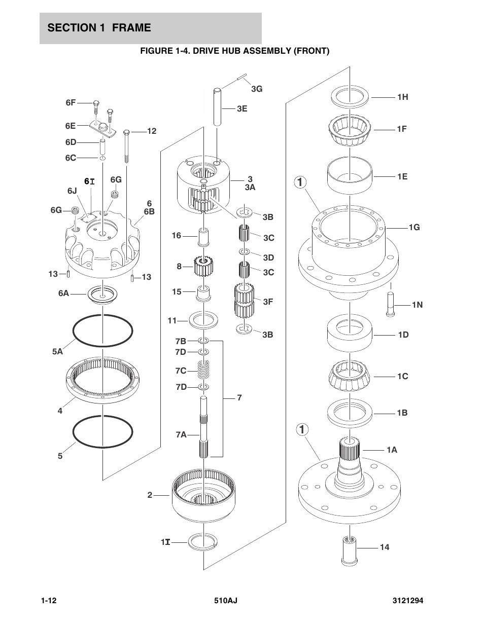 Figure 1-4. drive hub assembly (front), Drive hub assembly (front) -12 | JLG 510AJ Parts Manual User Manual | Page 18 / 184