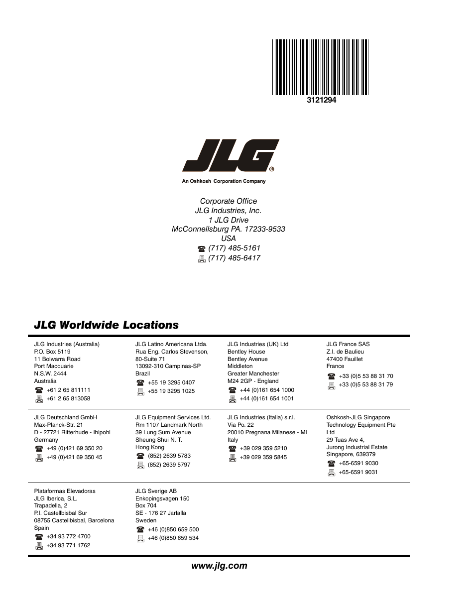 Jlg worldwide locations | JLG 510AJ Parts Manual User Manual | Page 184 / 184