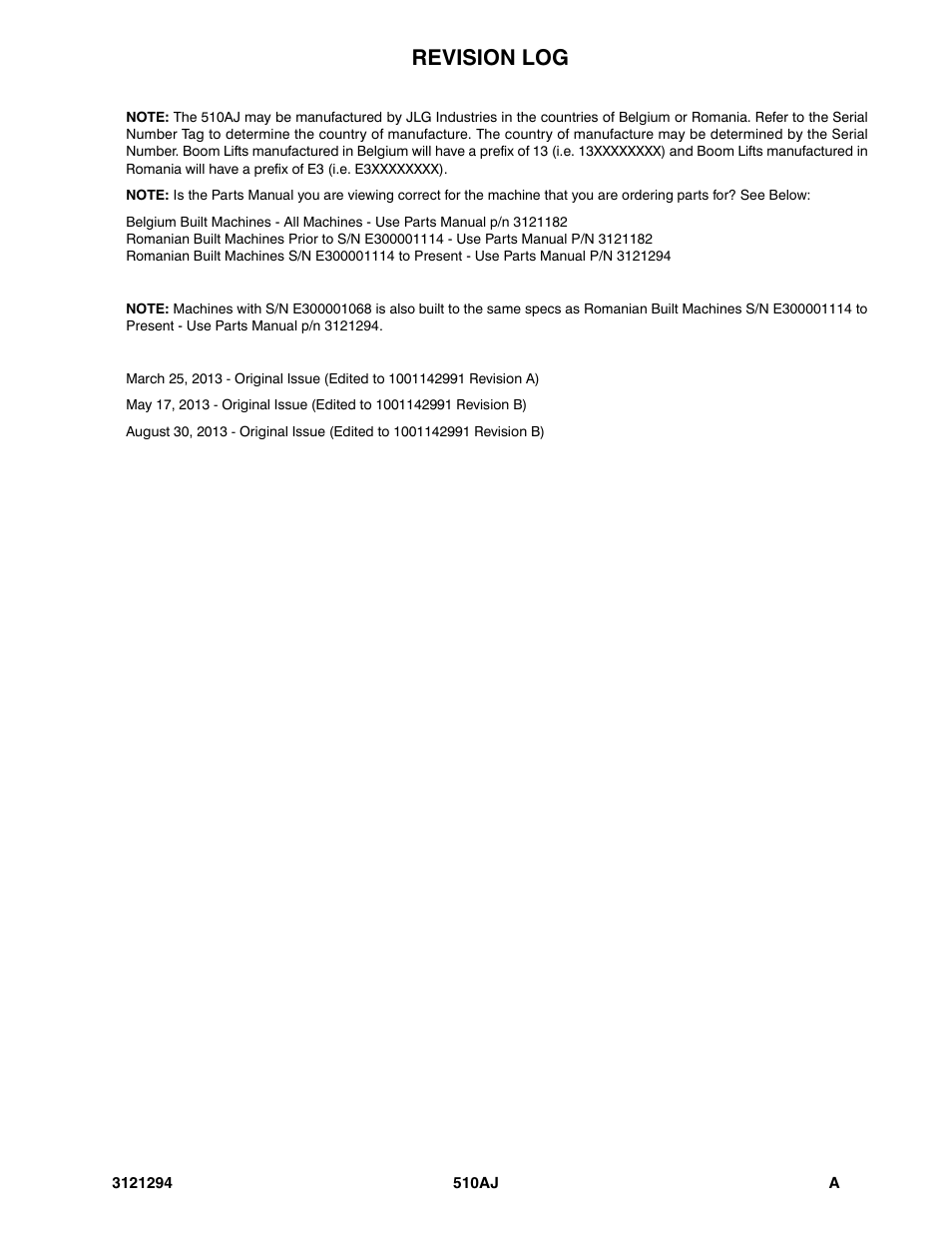 Revision log | JLG 510AJ Parts Manual User Manual | Page 3 / 184