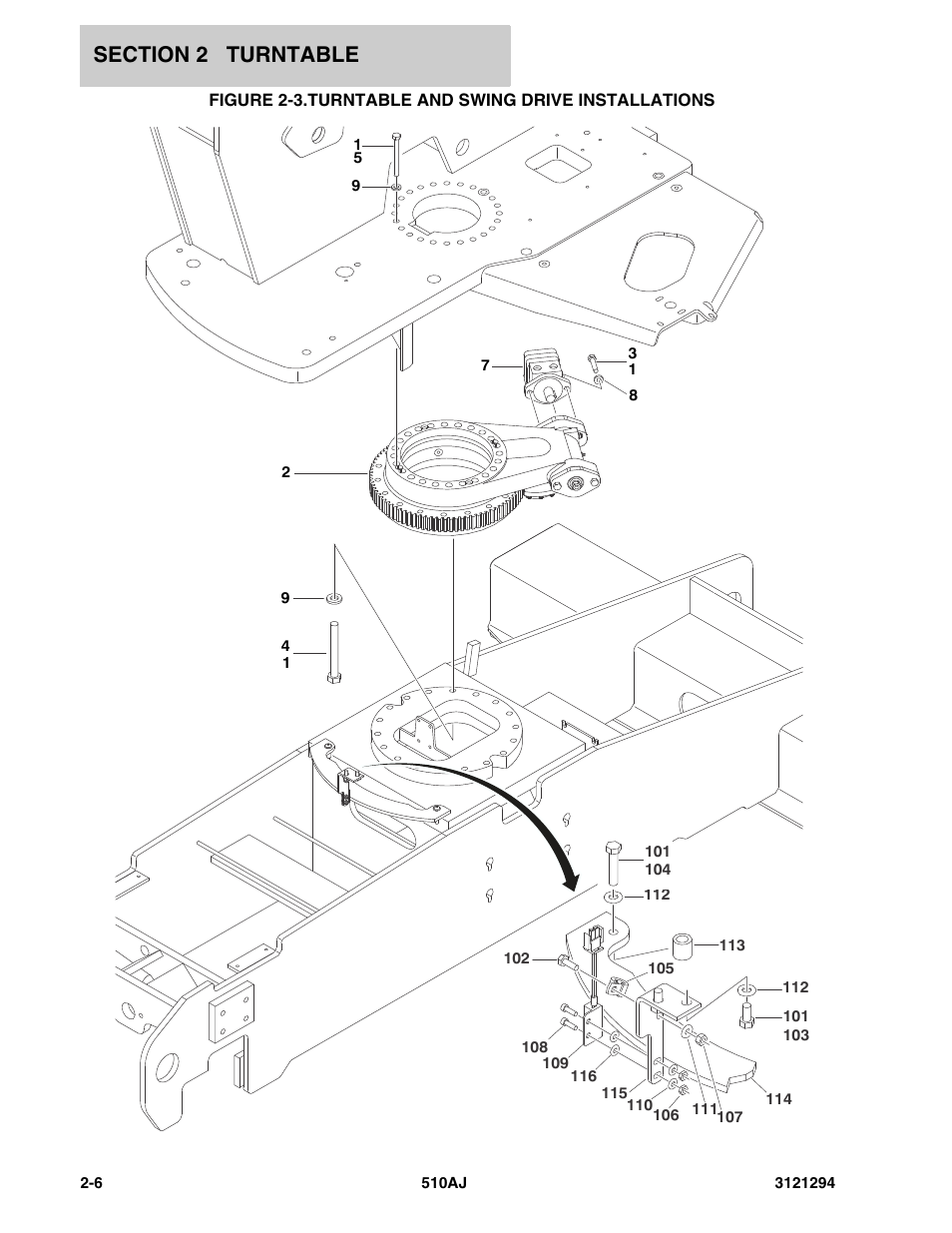 Turntable and swing drive installations -6 | JLG 510AJ Parts Manual User Manual | Page 32 / 184